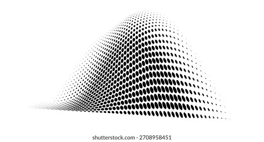 Abstract dotted wave. Halftone curved shape in black color isolated on white background. Curved and twisted gradients form. Trendy graphic vector illustration.