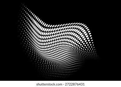 Abstractas onda punteada. Forma curva de semitono en color blanco aislado sobre fondo negro. Se forman Gradientes curvos y retorcidos. Ilustración vectorial gráfica de moda.