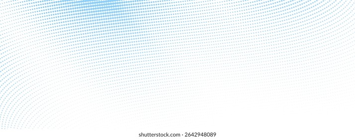 Abstract dotted wave line background. Light blue dynamic dash stripe texture. Warped and curved lines wallpaper for tech design template, presentation, brochure, leaflet, booklet. Vector airy backdrop