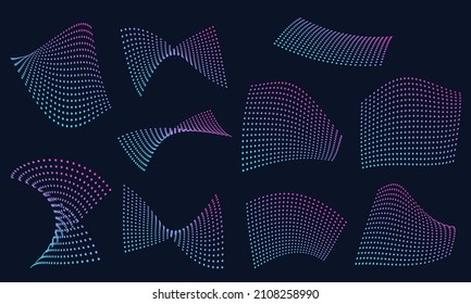 Abstract dotted wave shape set. Futuristic geometric elements with dots texture. Vector illustration.