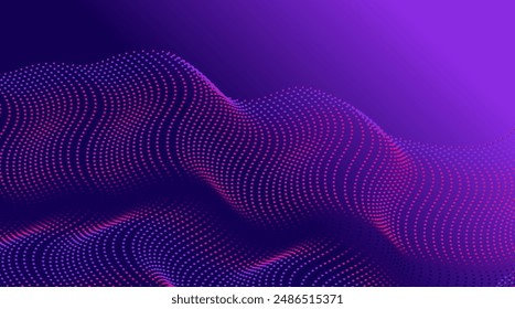 Abstract dotted waving particles in neon colors, technology background design. Futuristic halftone faded texture, grunge pattern made of dots, circles. Abstract wave moving dots flow particles.