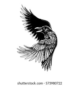 Abstract dotwork black and white raven  Sketch for tattoo, poster, t-shirt design.