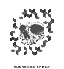 Abstract dotwork grunge skull. Geometric tattoo design or T-shirt print. Vector illustration.