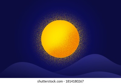 Abstract dotwork sun background. Radial sunburst banner with dotted effect. Summer night banner. Futuristic poster with abstract sun. Solar ray burst from dots. Dotwork vector background.