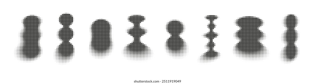 Abstract dotwork trendy shapes collection. Halftone pixel dotted style retro brutalist elements set. 