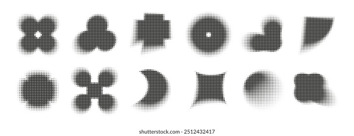 Abstract dotwork trendy shapes collection. Halftone pixel dotted style retro brutalist elements set. 