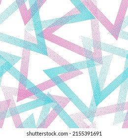 Abstract dotwork triangles vector seamless pattern. Geometric infinite background with dots texture. Gradient triangles of chevron dots seamless ornament. Pointillism style.