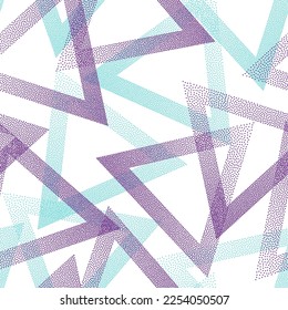 Abstract dotwork triangles vector seamless pattern. Geometric endless background with dots texture. Gradient triangles of chevron dots seamless ornament. Pointillism style.