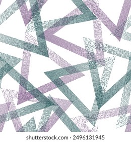 Abstract dotwork triangles vector seamless pattern. Geometric periodic background with dots texture. Gradient triangles of halftone dots seamless ornament. Simple shapes grid.