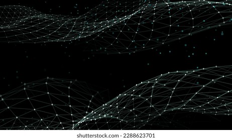 Abstract double futuristic wave with moving dots and lines. Flow of particles. Vector cyber technology illustration.
