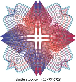 Abstract double star guilloche rosette with offset gradient colors blended from blue to red.