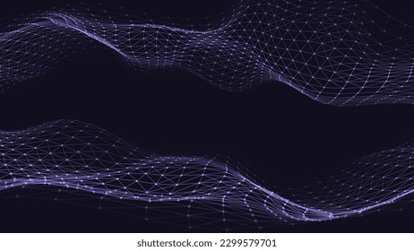 Abstract double wave background with dots and lines moving in space. Futuristic modern dynamic wave. Technology vector illustration.