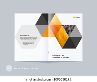 Abstract double-page brochure design hexagon style with colourful triangles for branding. Business vector presentation broadside.