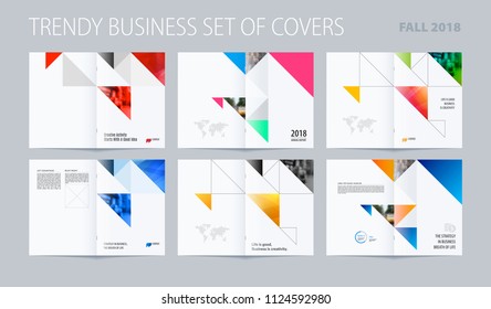 Abstract double-page brochure design triangular style with colourful triangles for branding. Business vector presentation broadside.
