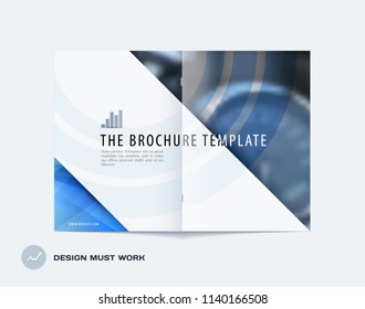 Abstract double-page brochure design triangular style with blue colourful triangles for branding. Business vector presentation broadside.
