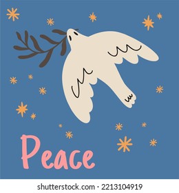 Abstract dove with an olive branch and the inscription, peace. Unique boh style illustration. Perfect for poster or postcard template, trendy t-shirt design.