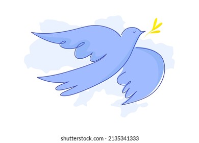 Abstract dove of peace with a branch on the map of Ukraine. No war. Vector illustration isolated on white background