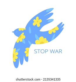 Abstract dove of peace in the colors of the Ukrainian flag. Dove in floral ornament. Symbol. Stop war text. Flat vector illustration isolated on white background