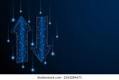 Abstract up and down arrows on dark blue background. The concept of digital traffic or exchange. Business growth or investment ideas. blue arrow technology background

