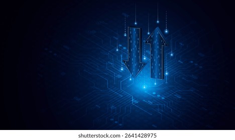 Abstract up and down arrows on dark blue background. The concept of digital traffic or exchange. Business growth or investment ideas. blue arrow technology background	