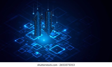 Abstract up and down arrows on dark blue background. The concept of digital traffic or exchange. Business growth or investment ideas. blue arrow technology background	