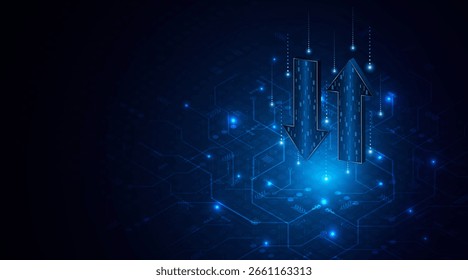 Abstract up and down arrows on dark blue background. The concept of digital traffic or exchange. Business growth or investment ideas. blue arrow technology background	