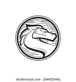 dragón abstracto en forma de círculo retro. blanco y negro. puede utilizarse como icono o logotipo.
