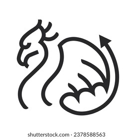 Abstract dragon drawing, isolated reptile animal with long tail and wings. Logotype or symbol, Chinese mythology and folklore tale personages. Monochrome sketch outline. Vector in flat style