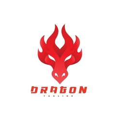 Abstract Dragon Face Head And Fire, Flame Logo Vector Icon With Modern Gradient Style