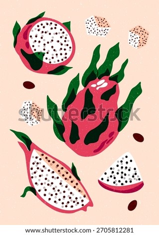 Abstract dragon fruit poster. Exotic pitaya tropical fruit banner, vintage ripe organic sweet dessert packaging design, cartoon raw product risograph style. Vector background.