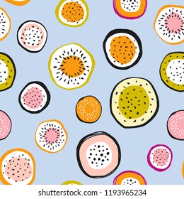 Abstract dragon fruit seamless pattern. Vector texture. Stylish hand drawn circular fabric design.