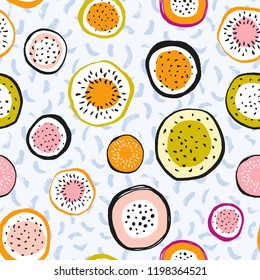 Abstract dragon fruit seamless pattern. Vector textured background. Stylish hand drawn circular fabric design.