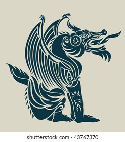 An abstract of a dragon sitting with wings.
