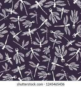 Abstract dragonflies with lace design wings seamless vector pattern. Great for fabric, paper products, home decor, weddings
