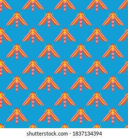 Abstract Dragonfly. Cartoon style Insect. Minimalistic Icons. Simple flat geometric design for kids. Bright Vector illustration. Square Seamless Pattern. Blue Background, Wallpaper. For textile prints
