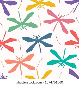 Abstract dragonfly cut out shapes. Vector pattern seamless background. Hand paper cutting wings matisse style. Collage graphic illustration. Trendy flying animal home decor, kid nature fashion print. 
