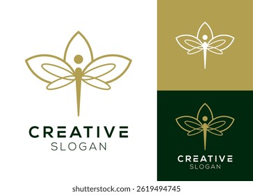 Abstract dragonfly with lotus flower logo design for spa and wellness