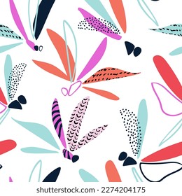 Abstract dragonfly seamless pattern. Colorful flying insects with line doodle texture Graphic dragonflies background for kids wallpaper, nursery textile, spring print design Modern vector illustration