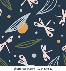 Abstract dragonfly seamless pattern on blue background. Floral wallpaper. Decorative backdrop for fabric design, textile print, wrapping, cover. Doodle vector illustration
