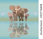Abstract draw of elephant family (mom dad kids) at watering, background of  blue sky and  lake, two white flamingo, safari in Africa, color vector  fashion design print, seamless pattern, free animals