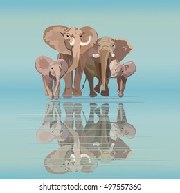 Abstract draw of elephant family (mom dad kids) at watering, background of blue sky and  lake, colorful  safari in Africa, color vector  fashion design print, pattern free animals