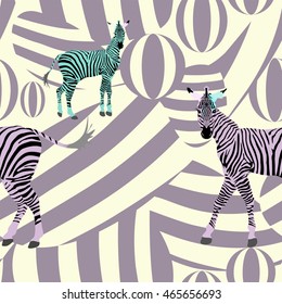 Abstract draw  herd  zebras pink  green black on the background of purple, yellow , animal seamless pattern, fashion striped print , summer design trendy texture, tropical vector