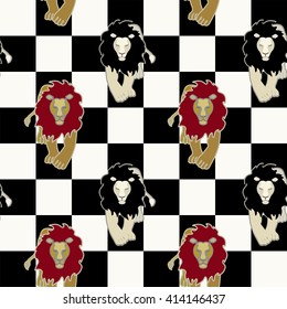 abstract draw Red (yellow) and white (black) lions on a chessboard, seamless pattern, tartan fashion design , color vector prints  