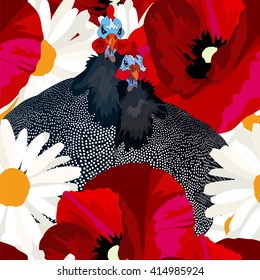 Abstract draw rooster hen, floral background (daisy, red poppy), black white polka dots, seamless pattern, design fashion trendy stylish texture spring fall, color vector art print 