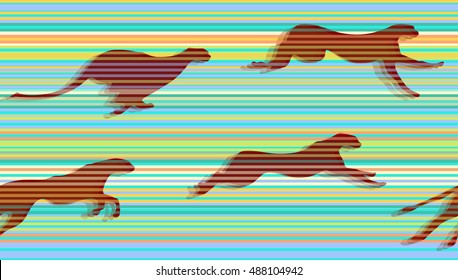 Abstract draw running cheetah on the hunt, savannah colorful (green, yellow, blue), animal seamless pattern, fashion striped print, summer design trendy texture, color tropical vector.