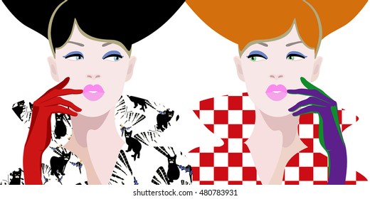 Abstract draw  two girl model, coat pattern square, cats Dress , glove, fashion art, beauty. Color vector prints, trendy design texture, woman shop, sale, differences, red, black, white background