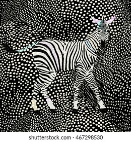 Abstract draw  zebra in the savannah, fashion striped  polka dot print, color black and white , design trendy texture, tropical vector , animal seamless pattern, 