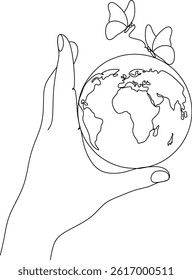 Abstract drawing about ecology on Earth day. Line art. Globe in hands and butterflies. Hand drawn without artificial intelligence