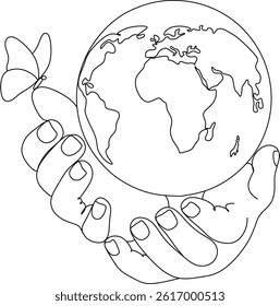 Abstract drawing about ecology on Earth day. Line art. Globe in hands and butterflies. Hand drawn without artificial intelligence