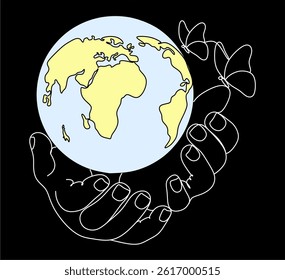 Abstract drawing about ecology on Earth day. Line art. Globe in hands and butterflies. Hand drawn without artificial intelligence